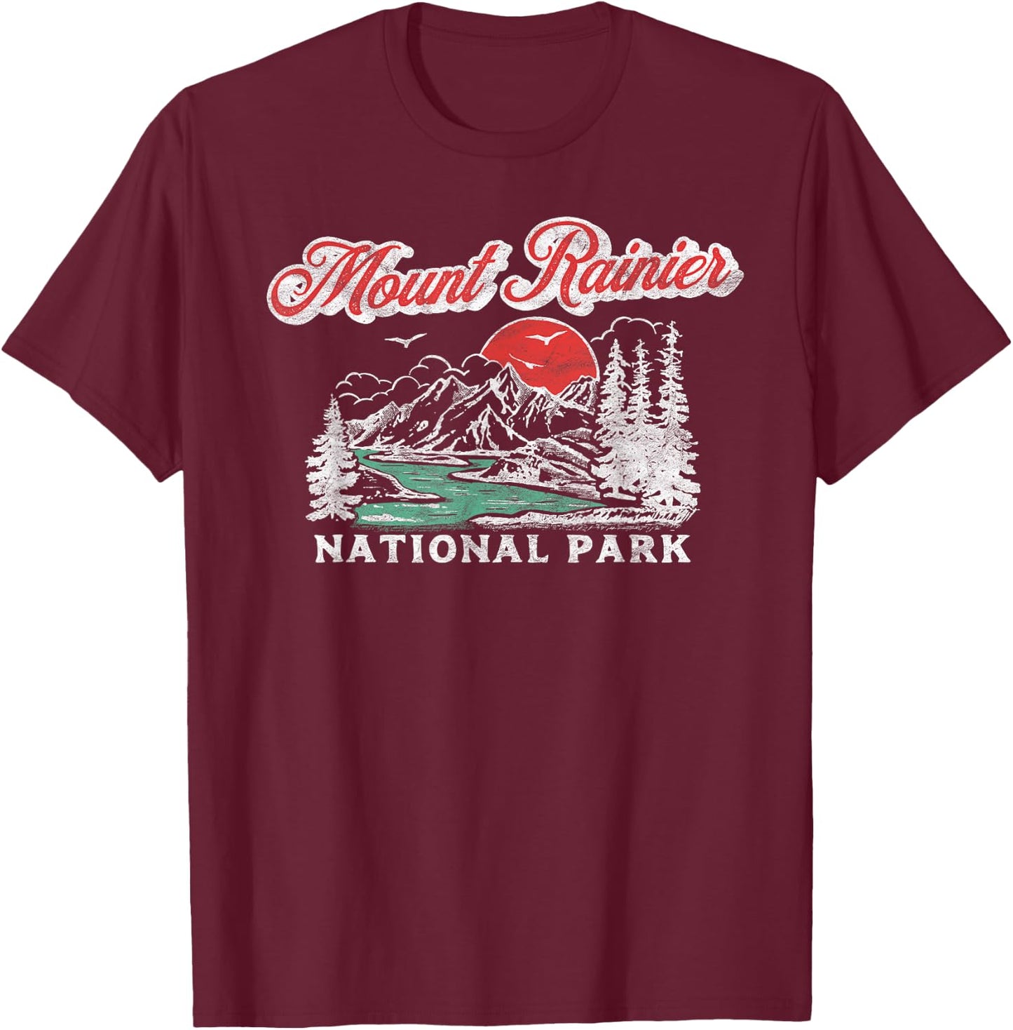 Mount Rainier National Park Retro 80's Mountains Graphic T-Shirt - T-Shirt | Maroon