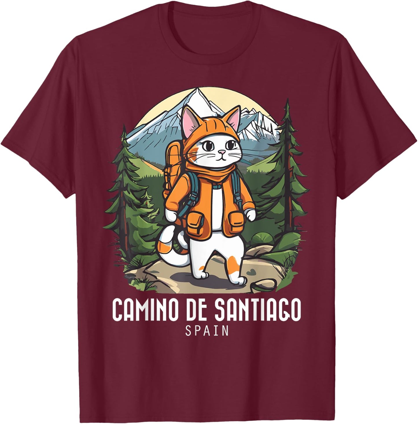 Cat Hiking Camino De Santiago Spain Souvenir Retro Mountain Women T-Shirt - T-Shirt | Maroon