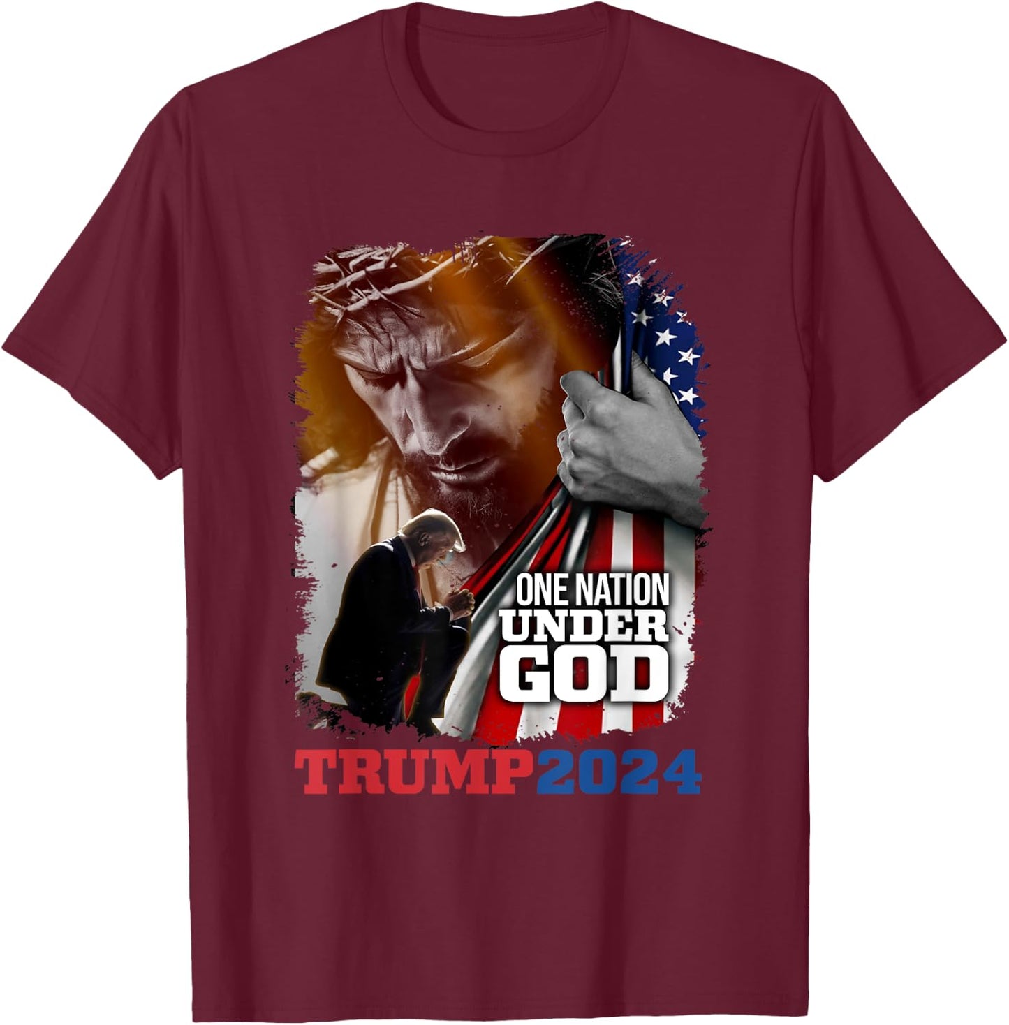 One Nation Under God President Trump 2024 America Christian T-Shirt - T-Shirt | Maroon