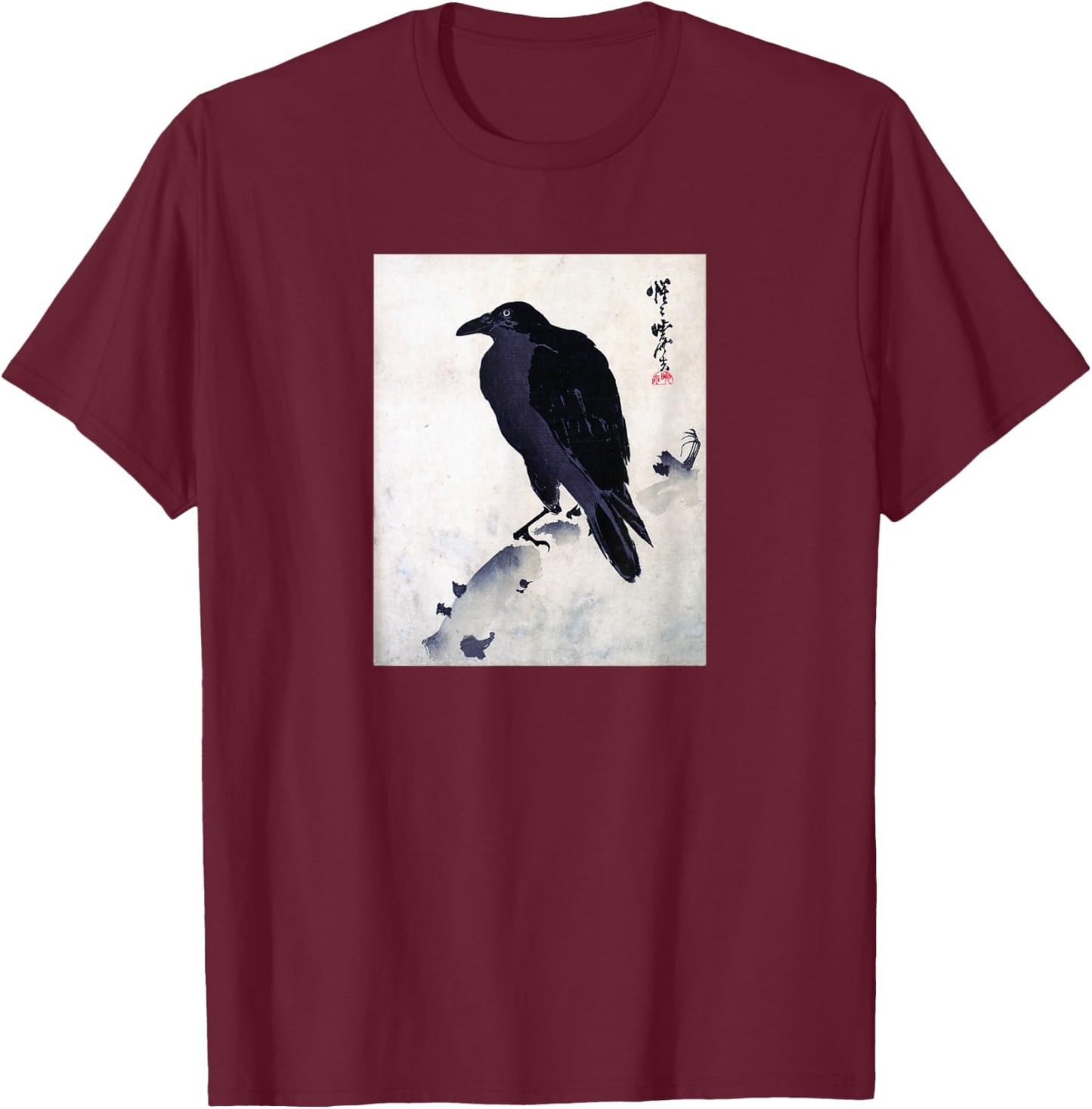 Japanese Crow Ink Art - Traditional Woodblock Bird T-Shirt - T-Shirt | Maroon