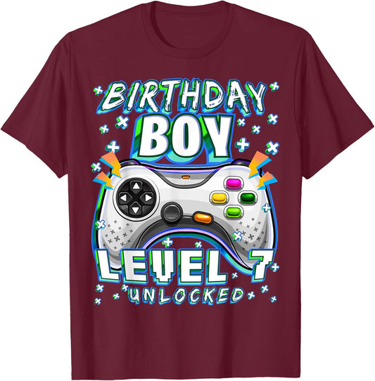 Level 7 Unlocked Video Game 7th Birthday Gamer Boys T-Shirt - T-Shirt | Maroon