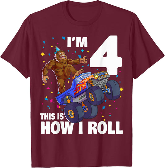 I'm 4 Bigfoot Sasquatch Monster Truck Kids 4th Birthday Boy T-Shirt - T-Shirt | Maroon