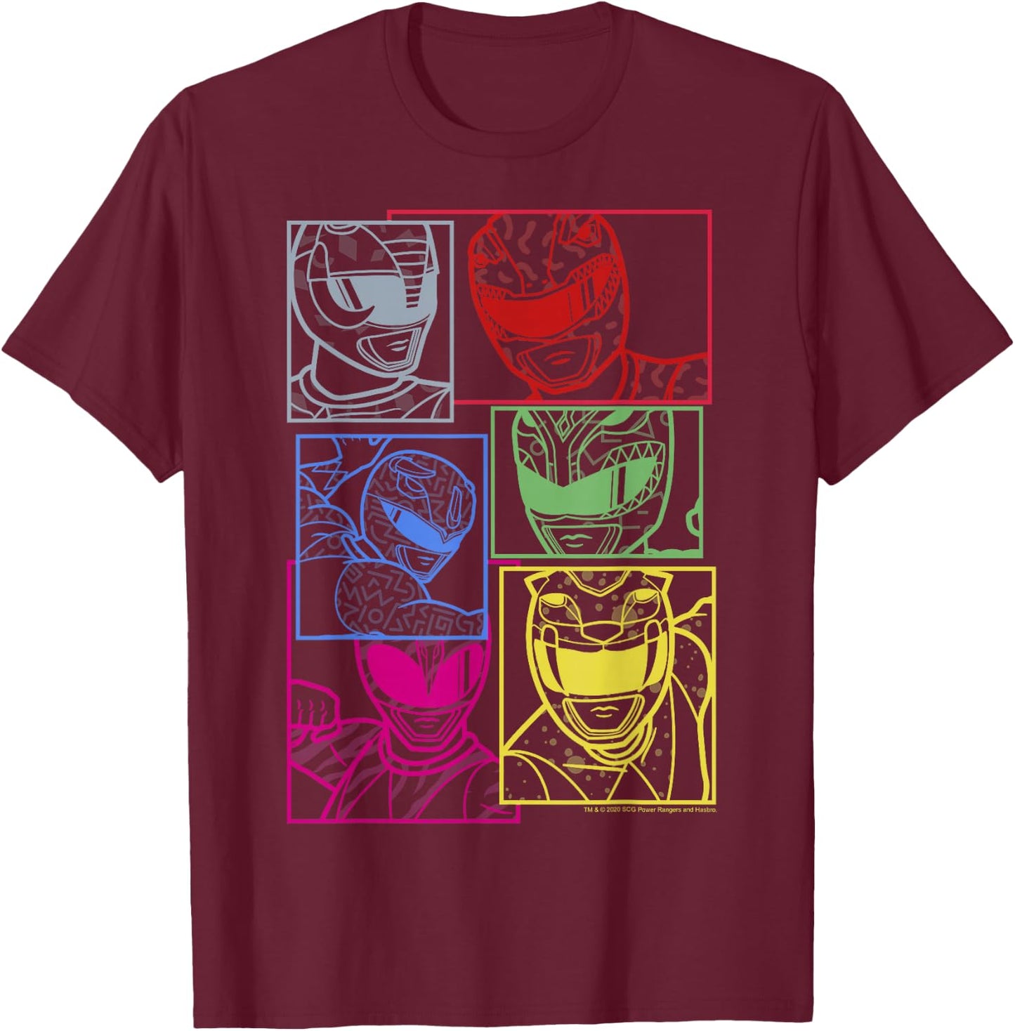 Power Rangers Group Shot Color Silhouette Line Art Panels T-Shirt - T-Shirt | Maroon