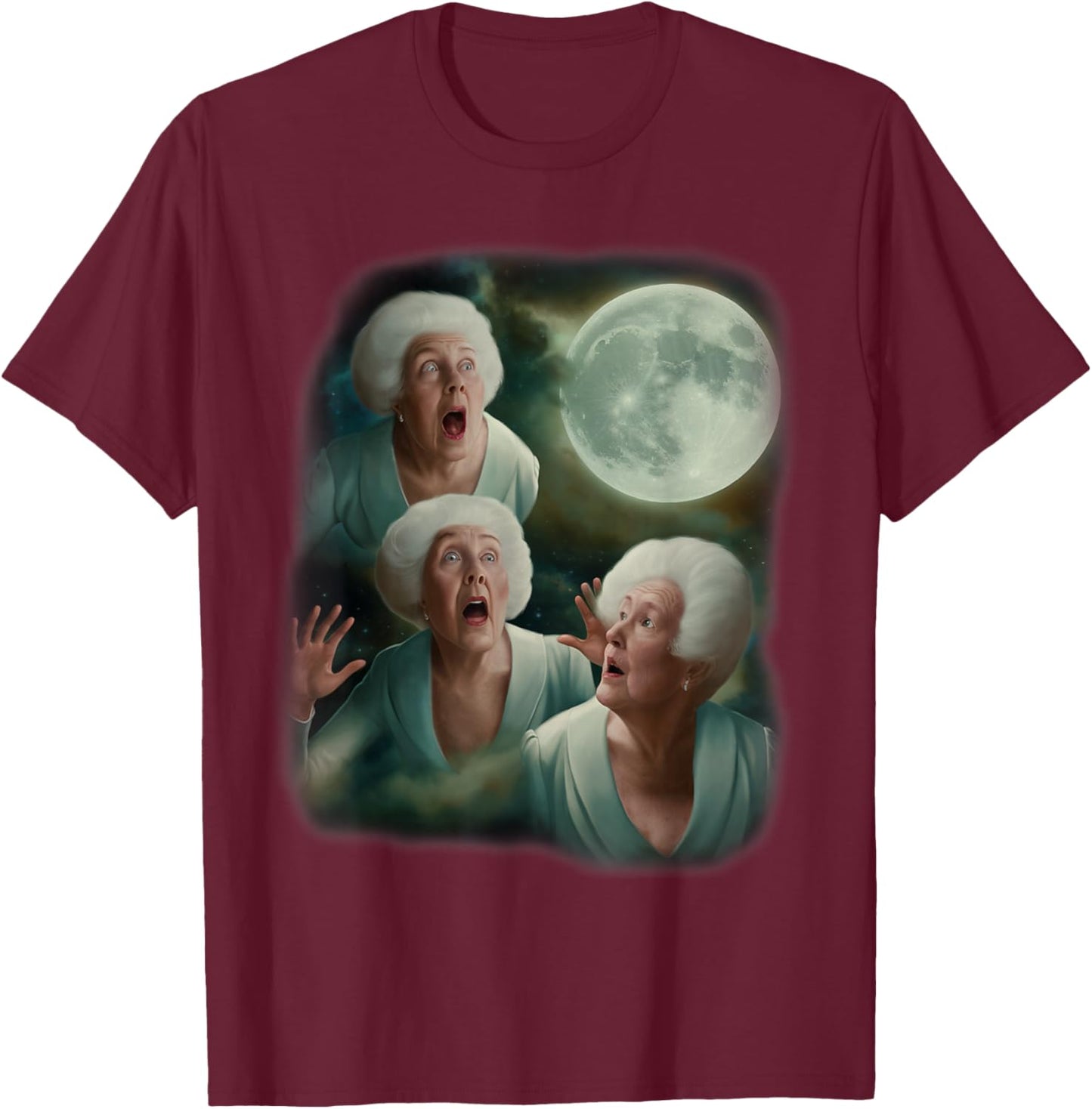 Three Granny Moon | 3 Old Ladys Howling Weird Cursed Meme T-Shirt - T-Shirt | Maroon