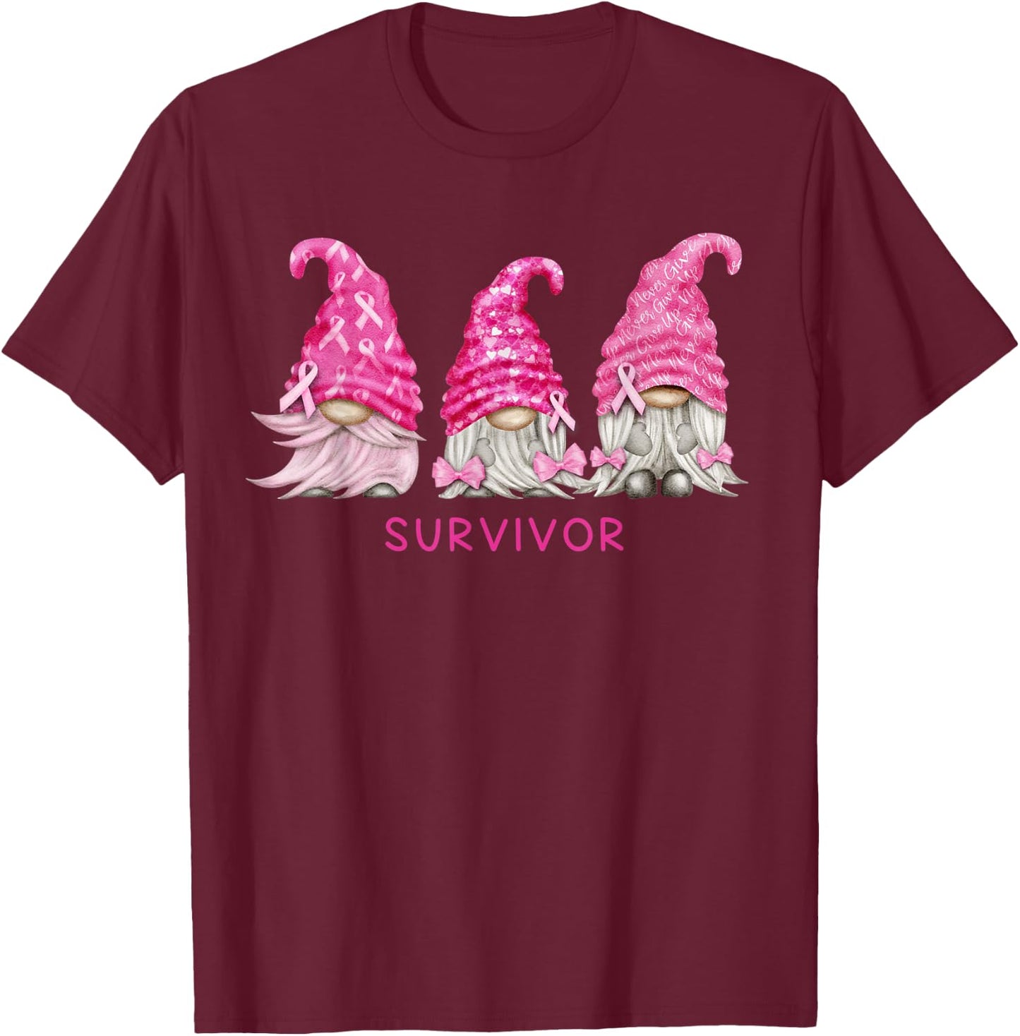 Gnome Breast Cancer Survivor Pink October Ribbon Awareness T-Shirt - T-Shirt | Maroon