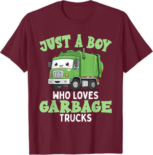 Kids A Boy Who Loves Garbage Trucks Birthday Party Toddlers T-Shirt - T-Shirt | Maroon