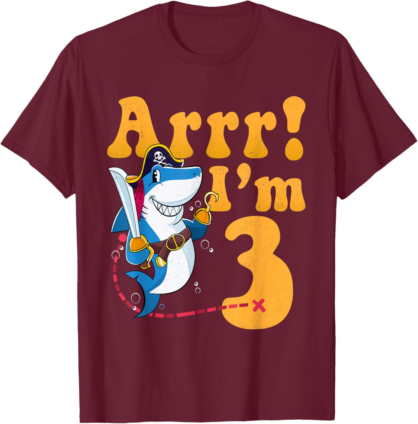 Kids 3rd Shark Pirate Birthday Party 3 Three Years Old Boys T-Shirt - T-Shirt | Maroon