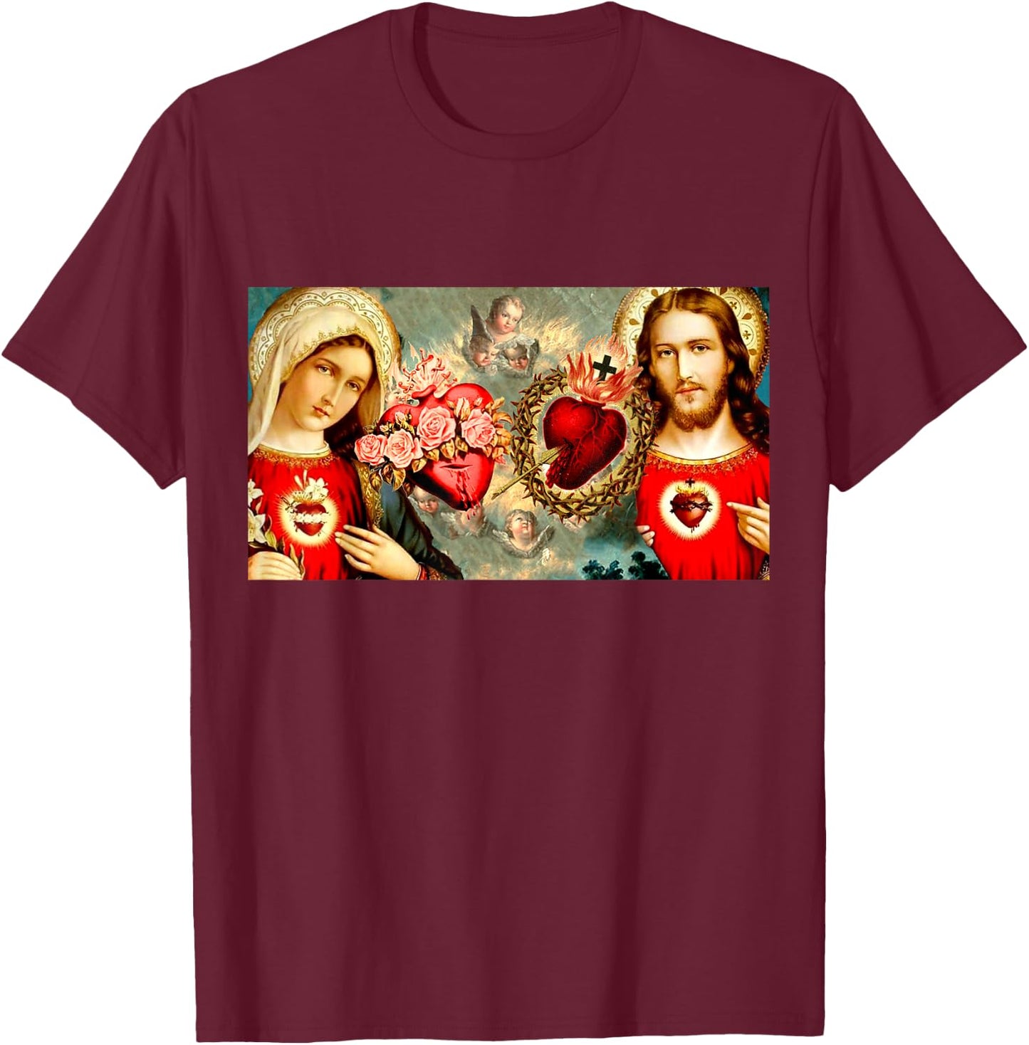 Immaculate Heart of Mary and Sacred Heart of Jesus T-Shirt - T-Shirt | Maroon