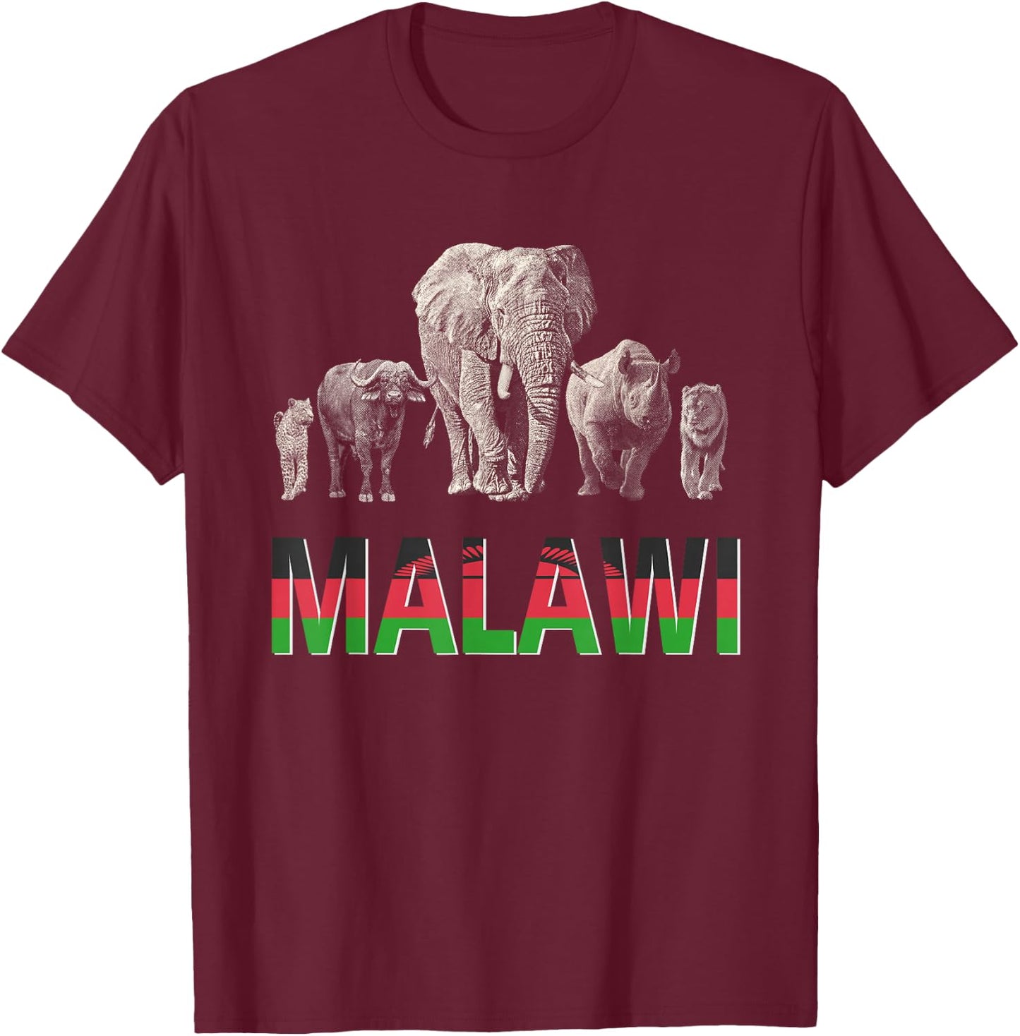 Malawi Pride "Big Five" Wildlife Design for Malawi Fans T-Shirt - T-Shirt | Maroon