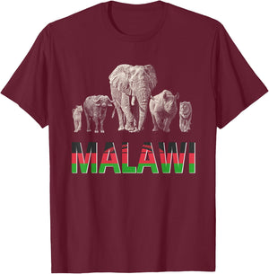 Malawi Pride "Big Five" Wildlife Design for Malawi Fans T-Shirt - T-Shirt | Maroon