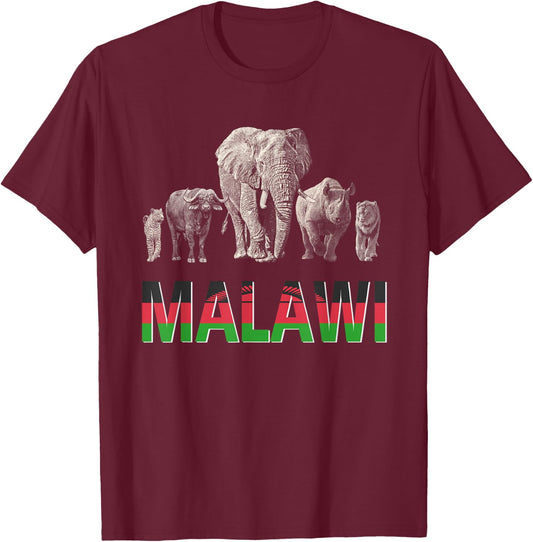 Malawi Pride "Big Five" Wildlife Design for Malawi Fans T-Shirt - T-Shirt | Maroon