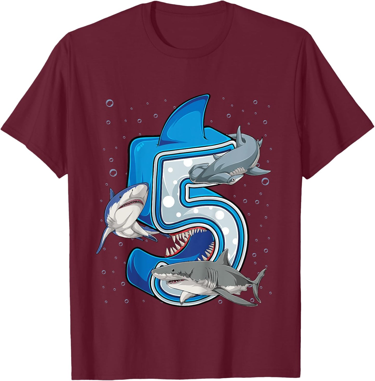 5th Birthday Boys Shark 5 years Old Ocean Shark B-day T-Shirt - T-Shirt | Maroon