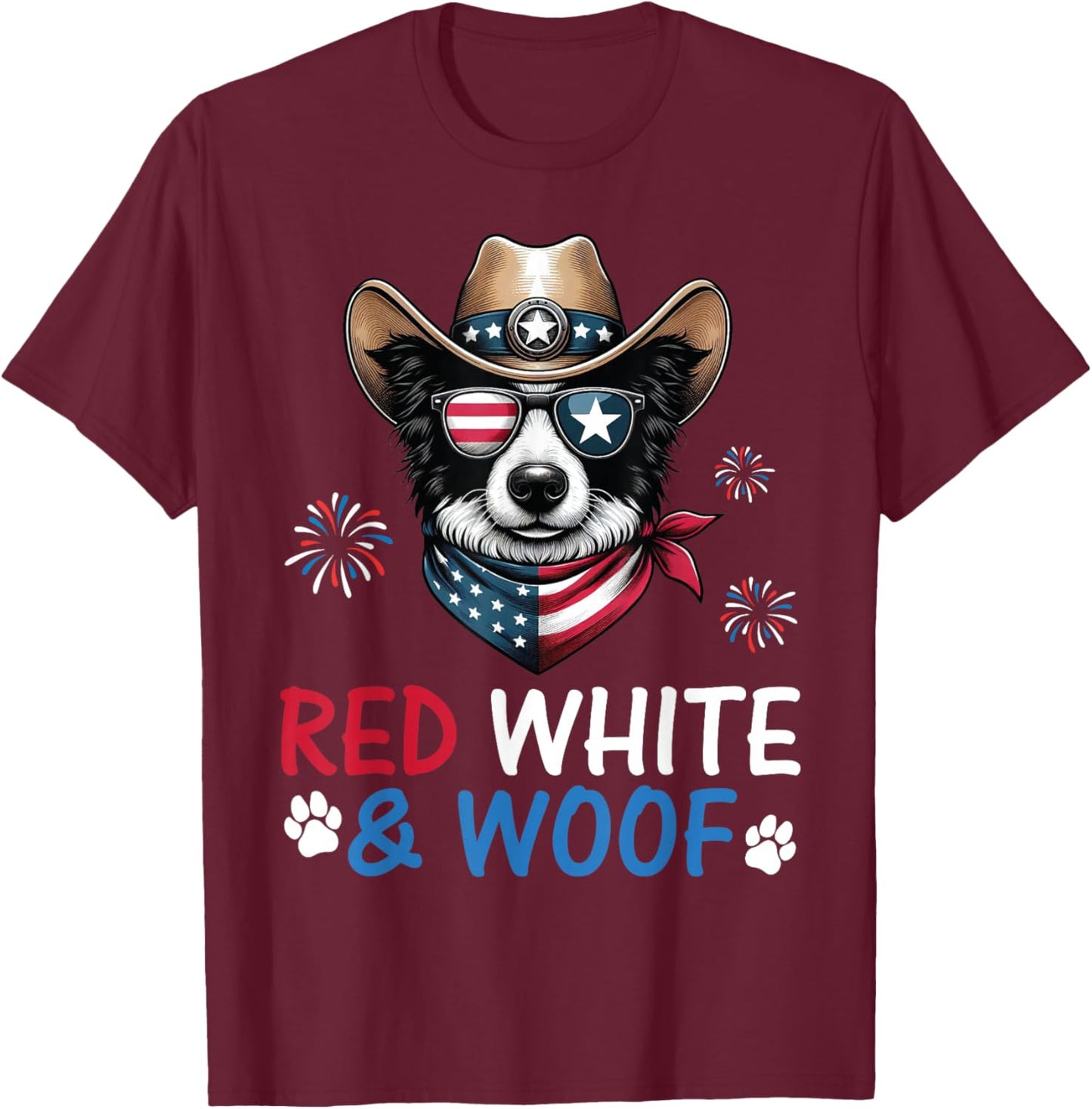 Border Collie Cowboy Costume Fireworks Red White and Woof T-Shirt - T-Shirt | Maroon