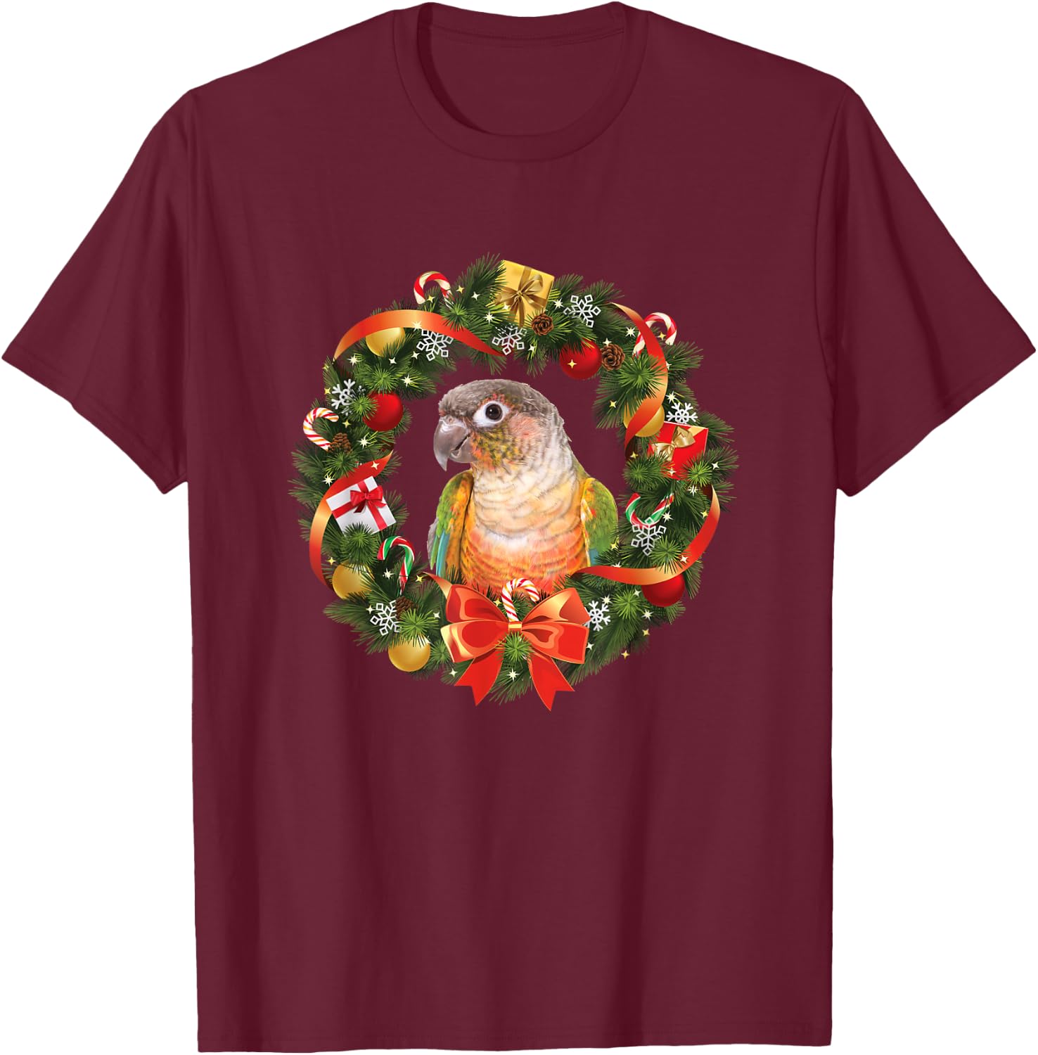 Green Cheek Conure Parrot Christmas Wreath T-Shirt - T-Shirt | Maroon