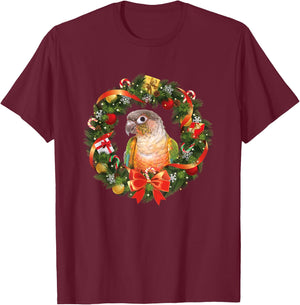 Green Cheek Conure Parrot Christmas Wreath T-Shirt - T-Shirt | Maroon