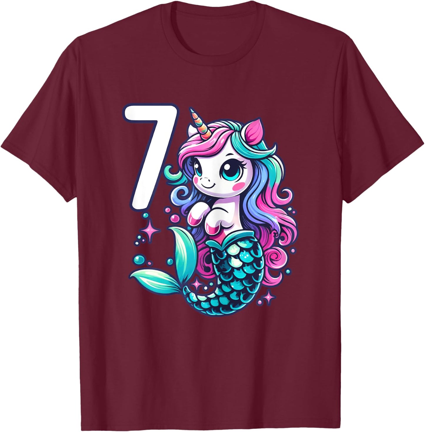 Unicorn Mermaid 7th Birthday 7 Year Old Party Girls Outfit T-Shirt - T-Shirt | Maroon