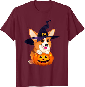 Halloween Corgi Witch Hat, Boy Girl Funny T-Shirt - T-Shirt | Maroon