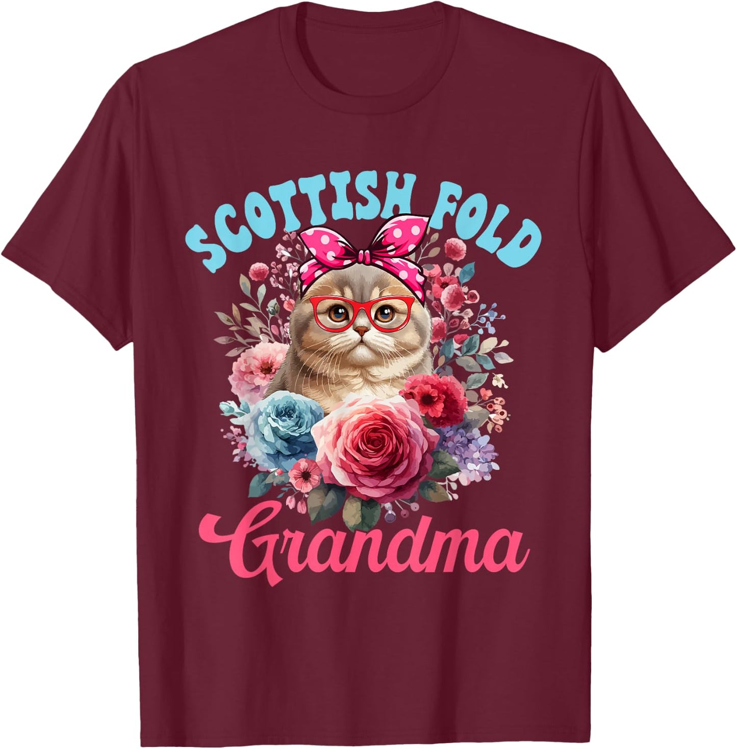 Scottish Fold Grandma Mother's Day Cat Bow Tie Floral T-Shirt - T-Shirt | Maroon