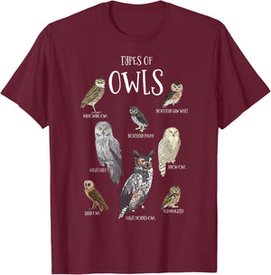 Types of Owls Shirt Educational Cute Owl Lover T-Shirt - T-Shirt | Maroon