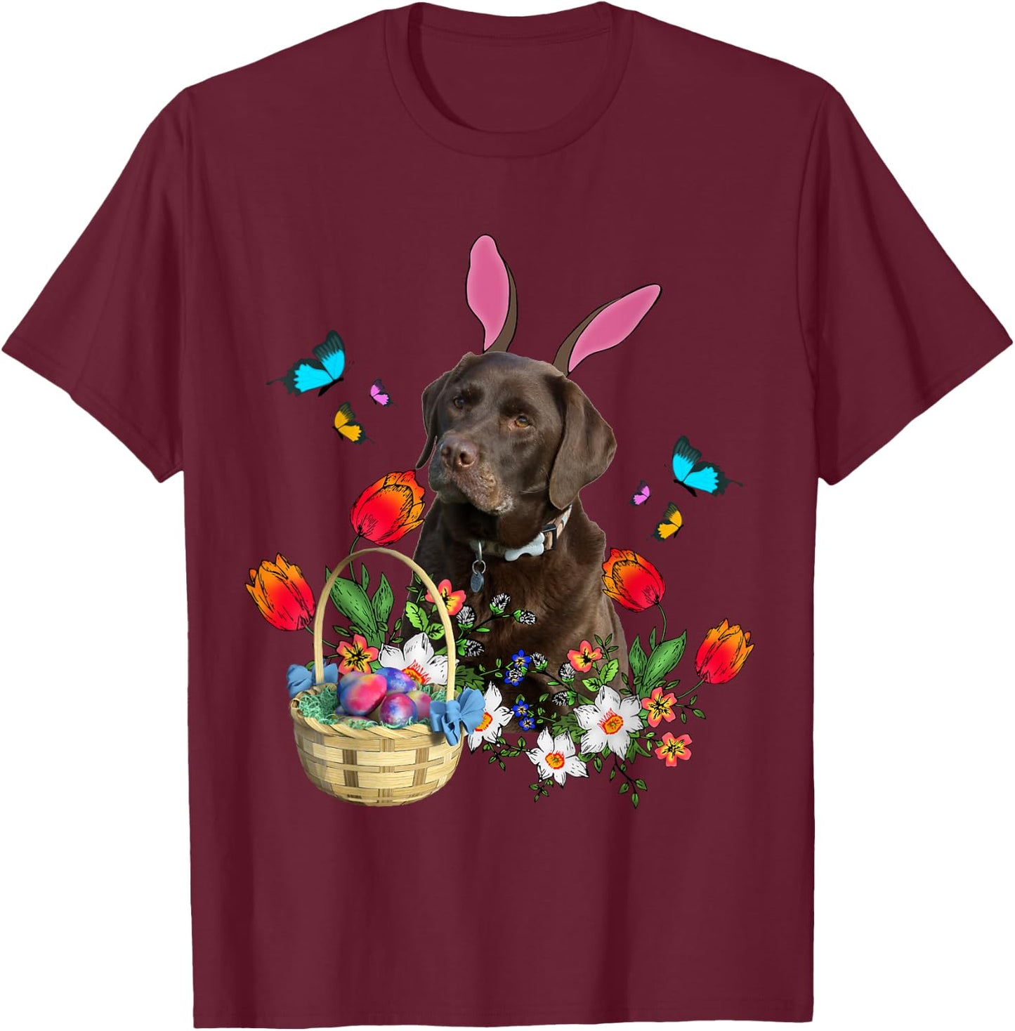 Chocolate Labrador Bunny Dog With Easter Eggs Basket Spring Women Girls Kids T-Shirt - T-Shirt | Maroon