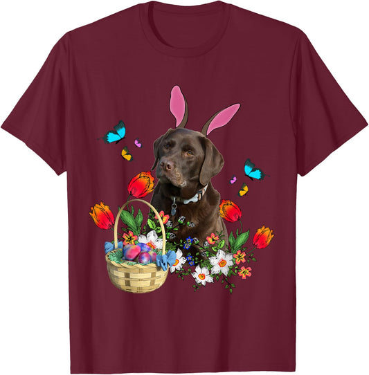 Chocolate Labrador Bunny Dog With Easter Eggs Basket Spring Women Girls Kids T-Shirt - T-Shirt | Maroon