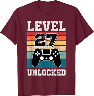 27 Year Old Level 27 Unlocked Gamers 27th Birthday Gaming T-Shirt - T-Shirt | Maroon