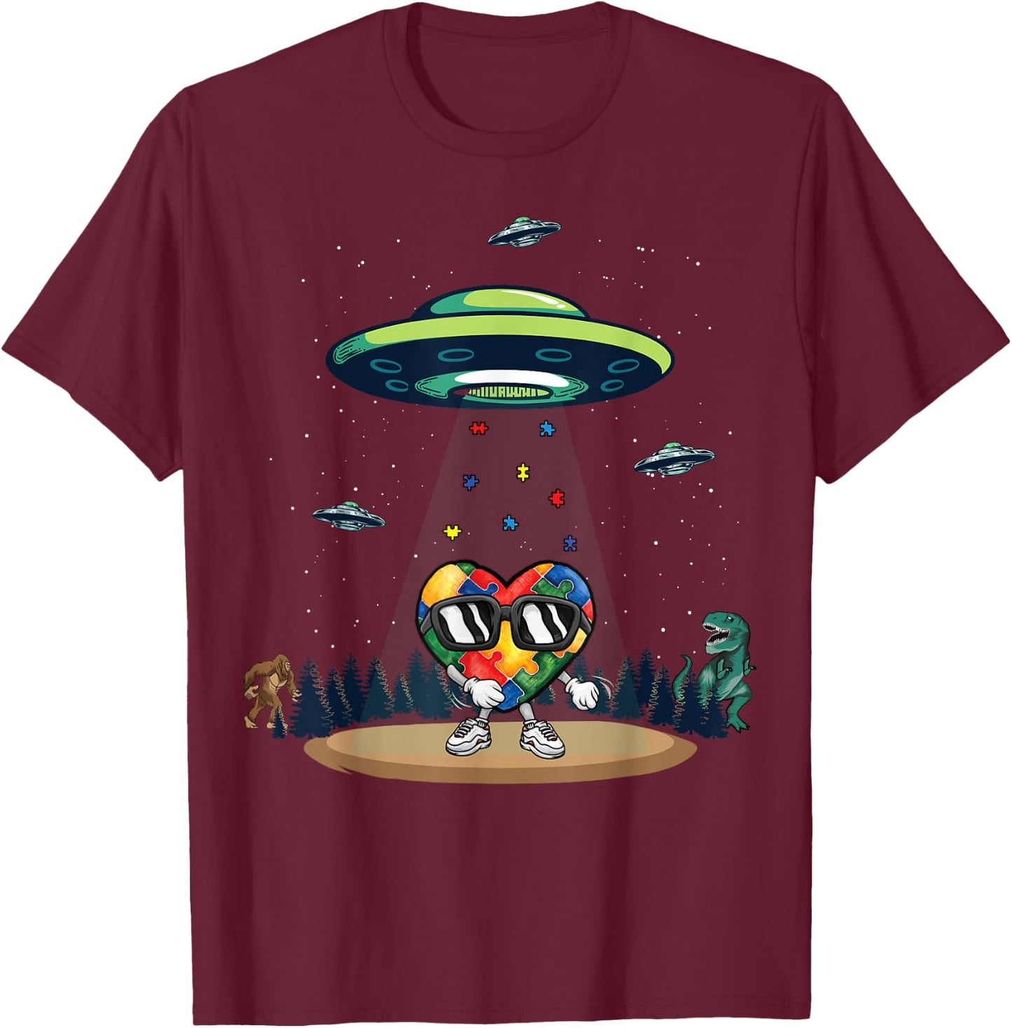 UFO Dinosaur Bigfoot Love Kindness Autism Awareness Puzzle T-Shirt - T-Shirt | Maroon