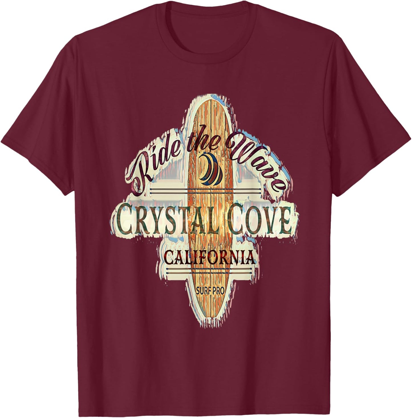 Crystal Cove Surfing Distressed Vintage Retro Surfboard T-Shirt - T-Shirt | Maroon