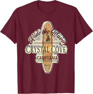 Crystal Cove Surfing Distressed Vintage Retro Surfboard T-Shirt - T-Shirt | Maroon