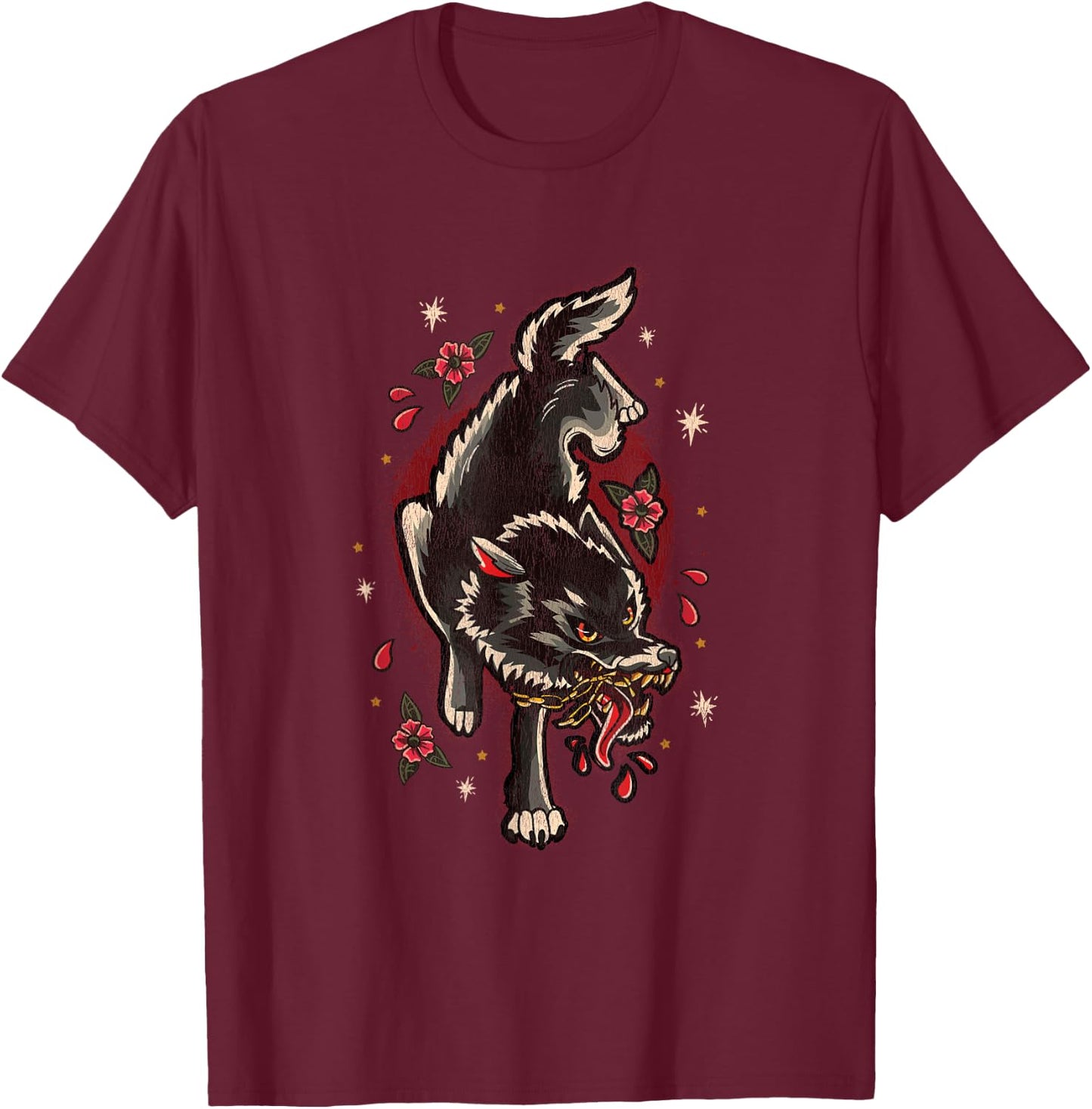 Traditional Style Full Body Wolf Tattoo T-Shirt - T-Shirt | Maroon