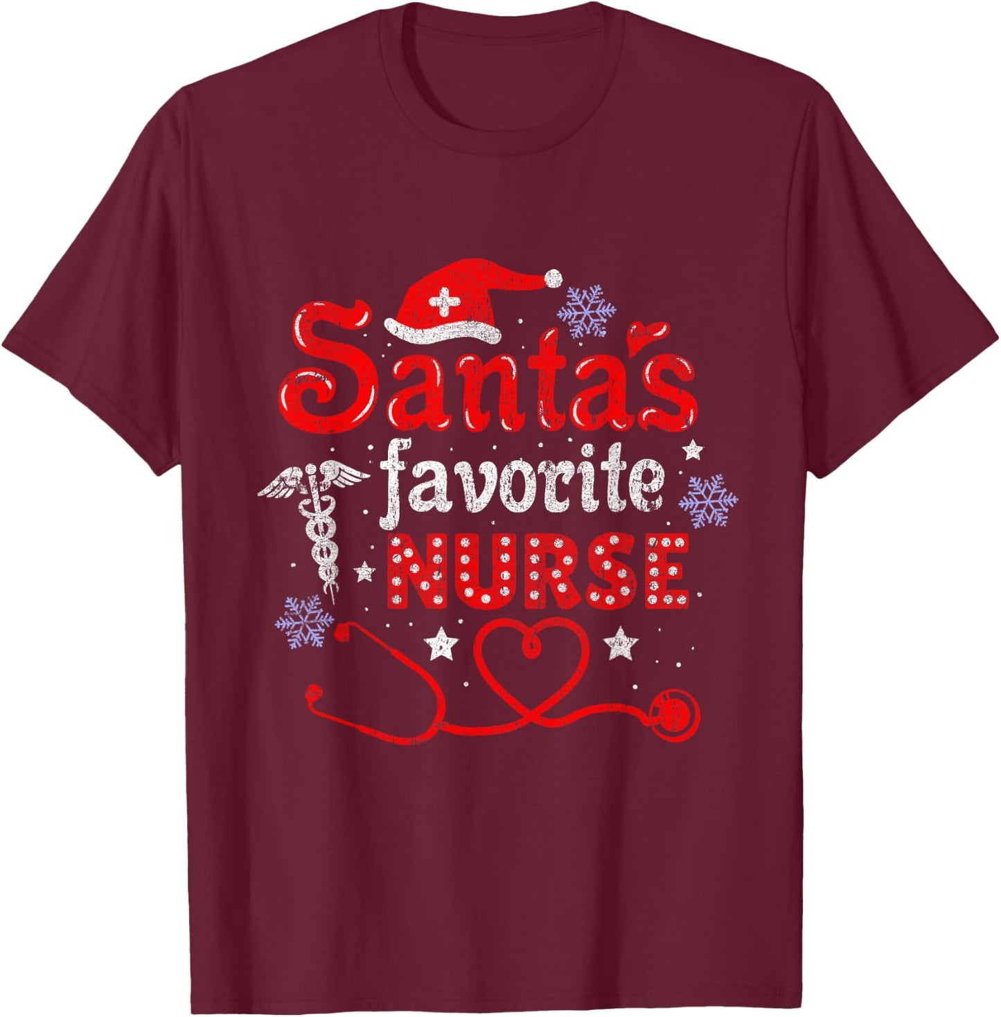 Santa's Favorite Nurse Vintage T-Shirt - T-Shirt | Maroon