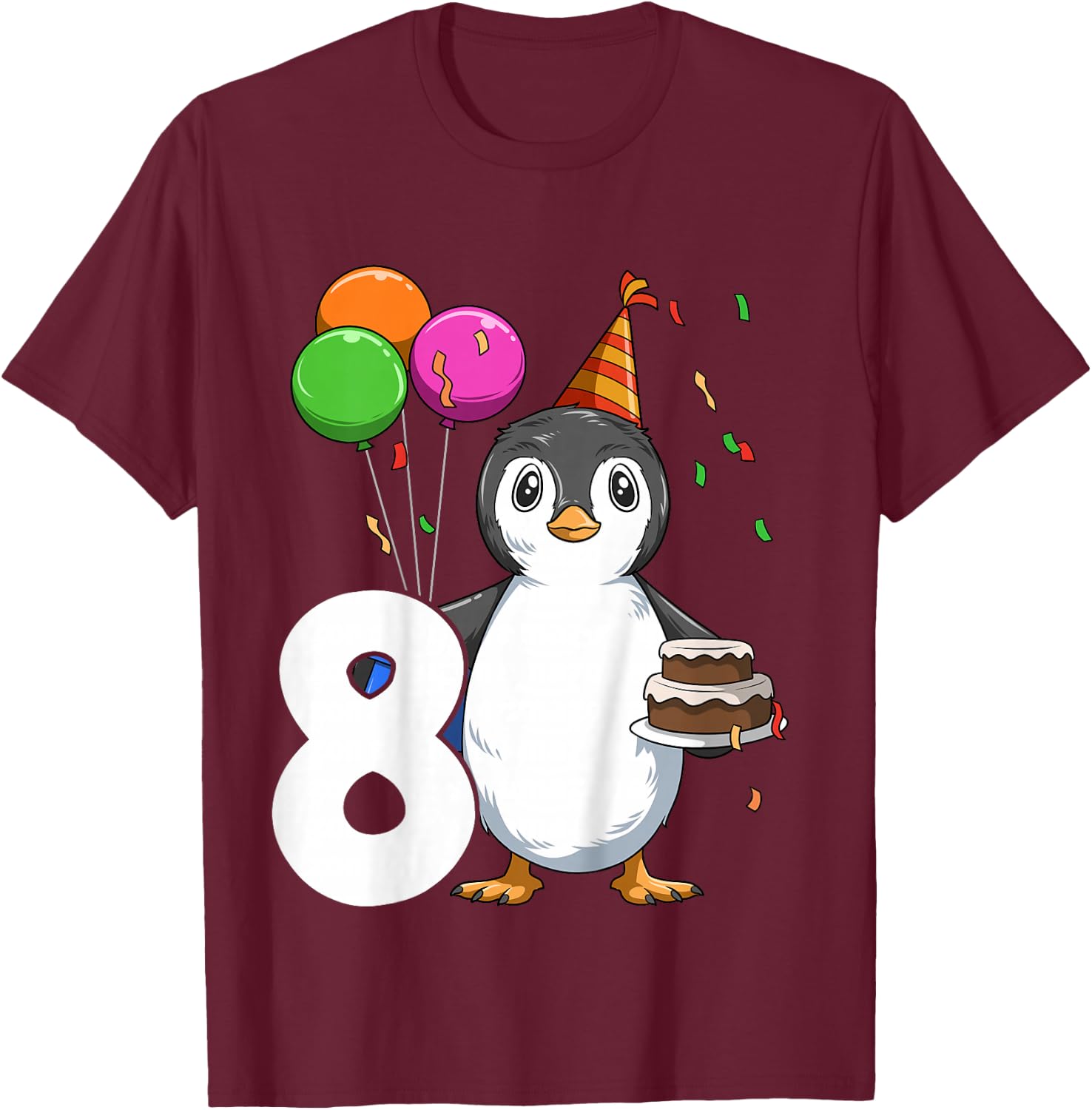 Penguin Birthday 8 Penguin 8th Birthday Outfit Penguin Party T-Shirt - T-Shirt | Maroon