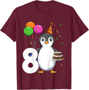 Penguin Birthday 8 Penguin 8th Birthday Outfit Penguin Party T-Shirt - T-Shirt | Maroon
