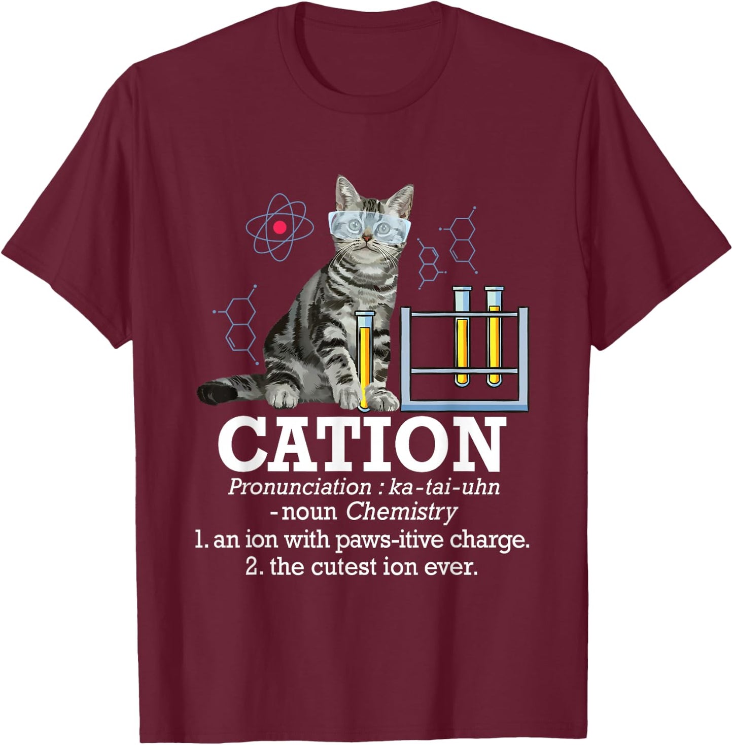 Cation - Funny Chemistry Humor Science Teacher Cat Pun Small T-Shirt - T-Shirt | Maroon