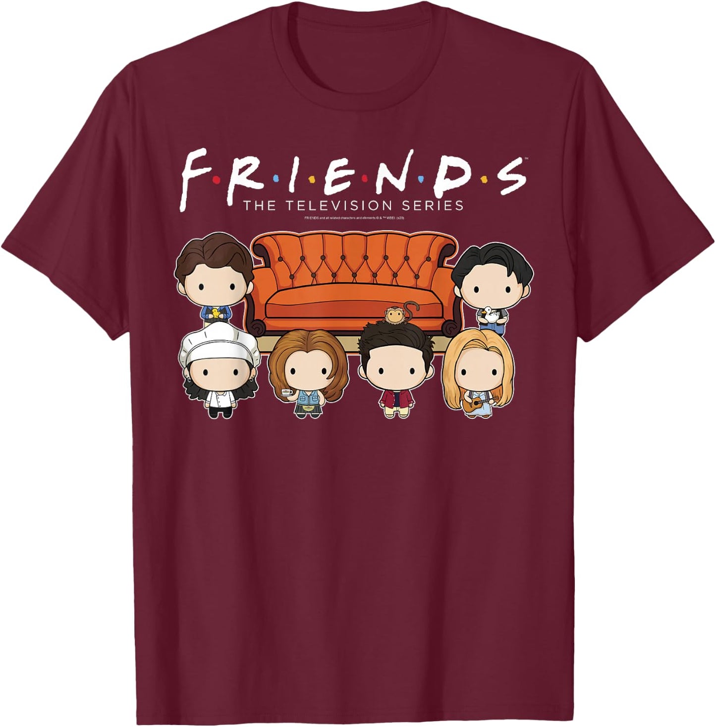 Friends Chibi Characters Central Perk Coffee Shop Group Shot T-Shirt - T-Shirt | Maroon