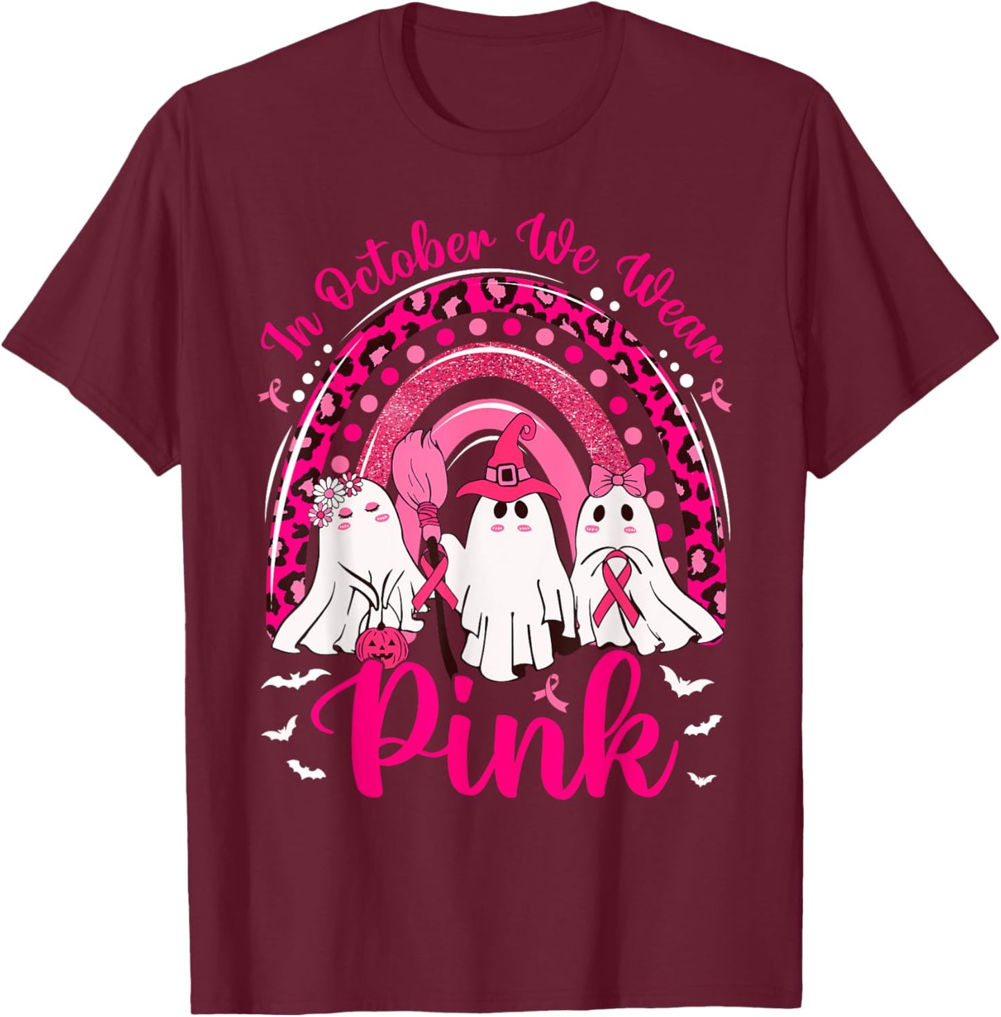 In October We Wear Pink Nurse Ghost Breast Cancer Halloween T-Shirt - T-Shirt | Maroon