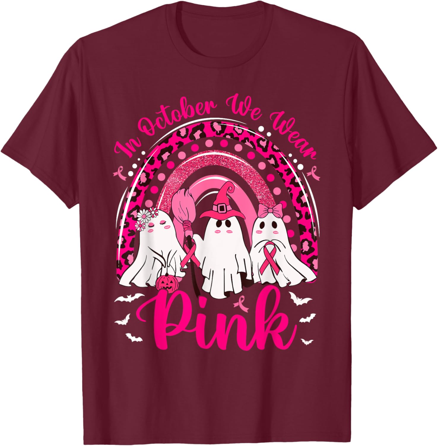 In October We Wear Pink Nurse Ghost Breast Cancer Halloween T-Shirt - T-Shirt | Maroon