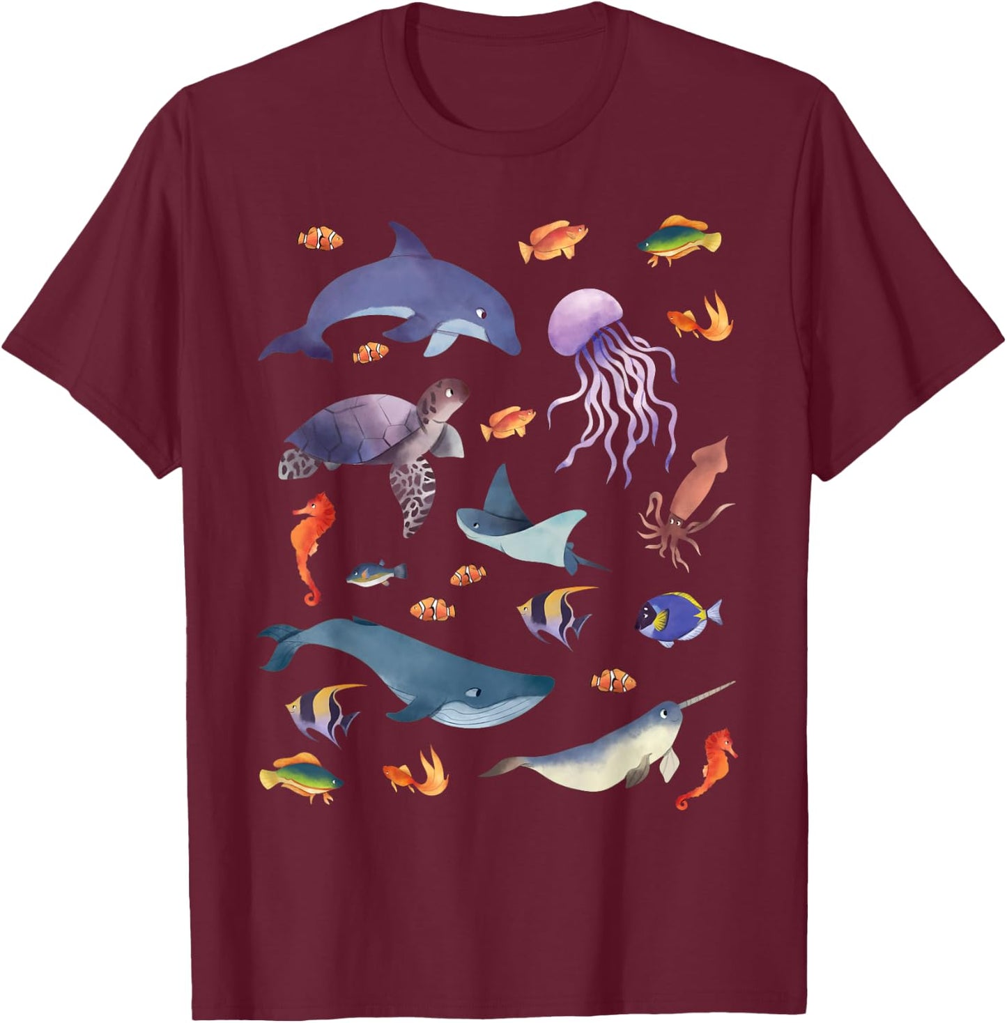 Ocean Life Love Sea Dolphin Turtle Jellyfish Whale Fishes T-Shirt - T-Shirt | Maroon