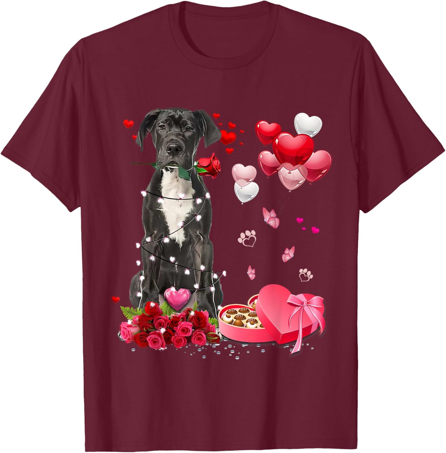 Funny Great Dane Rose Heart Happy Valentine Day Dog Mom T-Shirt - T-Shirt | Maroon