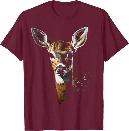 Deer Art Portrait Animal Face Graphic Motif Deer T-Shirt - T-Shirt | Maroon