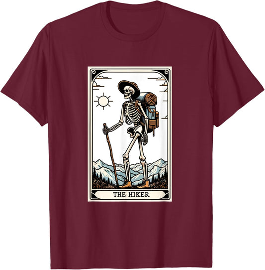 The Hiker Skeleton Tarot Card T-Shirt - T-Shirt | Maroon