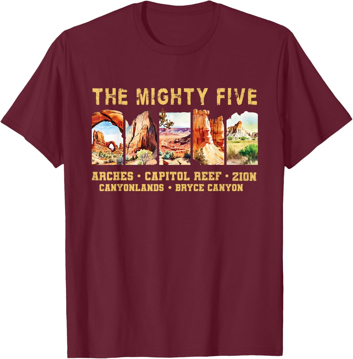 Vintage Moab Souvenir Big 5 Utah Mighty Five National Park T-Shirt - T-Shirt | Maroon