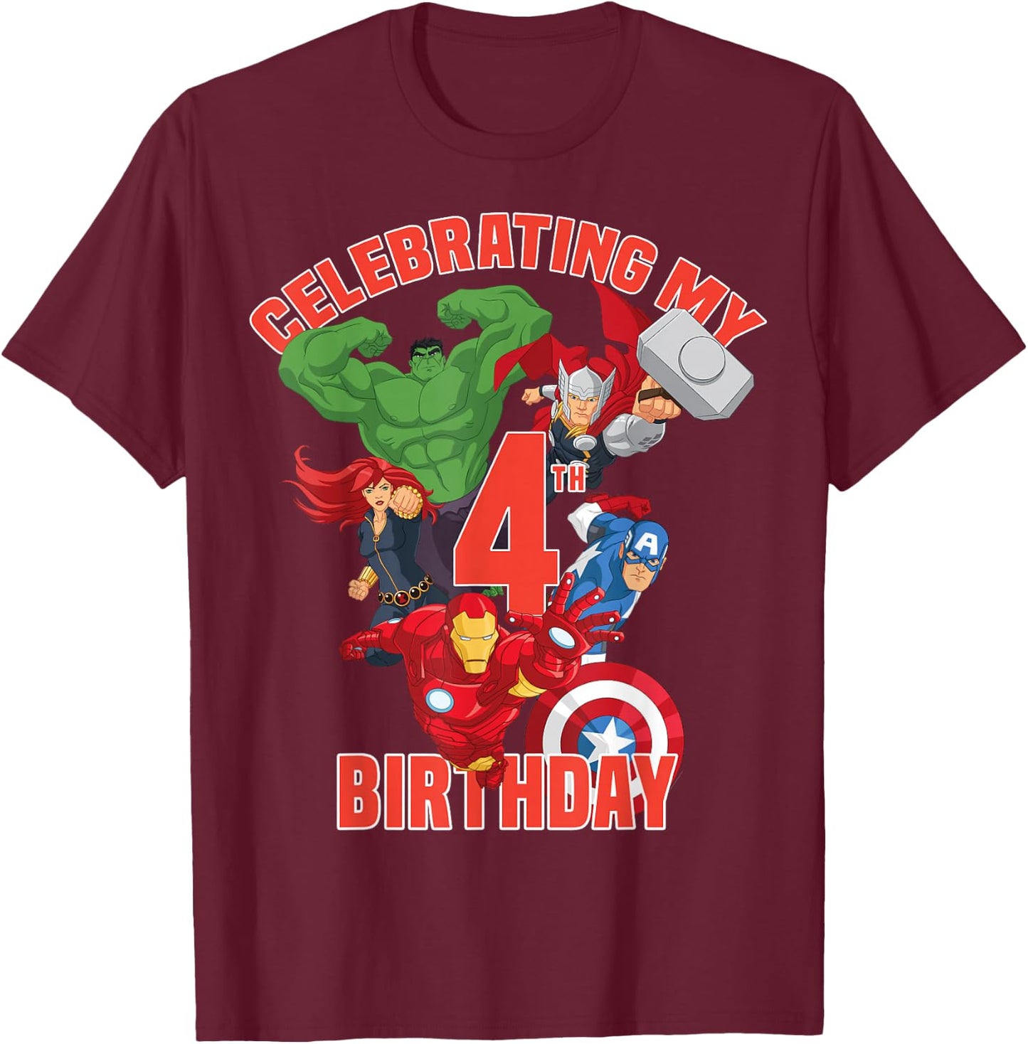Marvel Avengers Celebrating My 4th Birthday Small T-Shirt - T-Shirt | Maroon