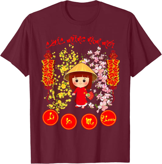 Li Xi Me Please Kid Girl Vietnamese Lunar New Year 2026 T-Shirt - T-Shirt | Maroon
