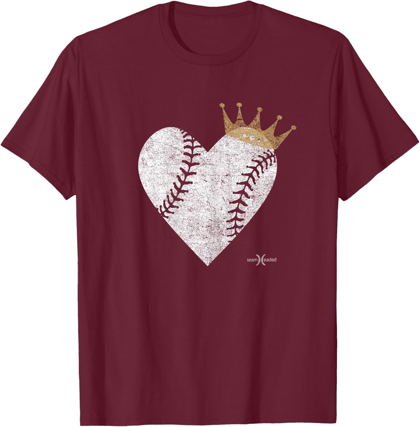 Vintage Baby Blue Royal Baseball Heart with Crown T-Shirt - T-Shirt | Maroon