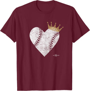 Vintage Baby Blue Royal Baseball Heart with Crown T-Shirt - T-Shirt | Maroon