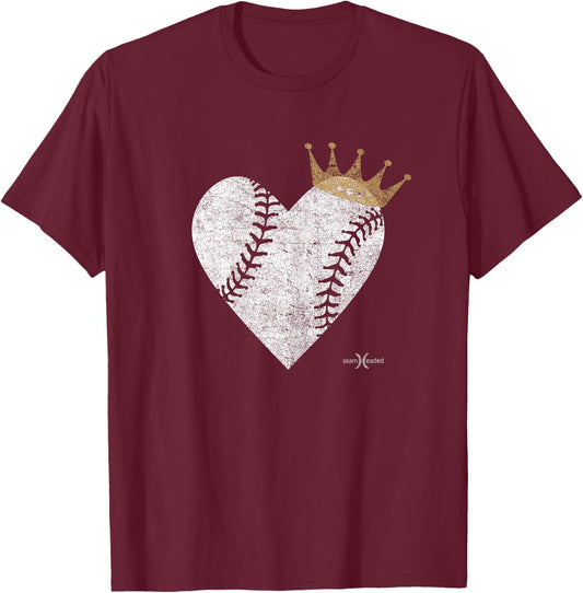 Vintage Baby Blue Royal Baseball Heart with Crown T-Shirt - T-Shirt | Maroon