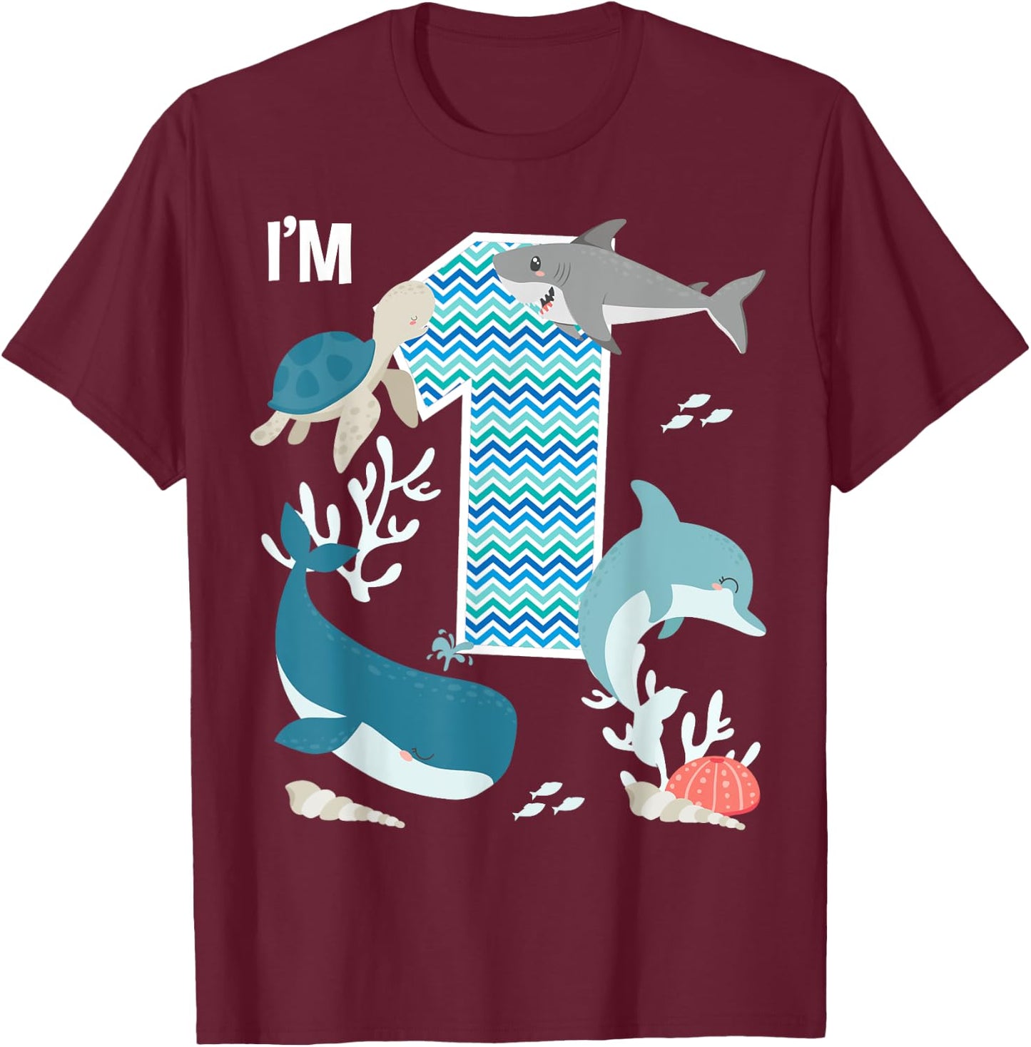 Kids 1 Year Old Ocean Life Whale Dolphin Shark 1st Birthday T-Shirt - T-Shirt | Maroon