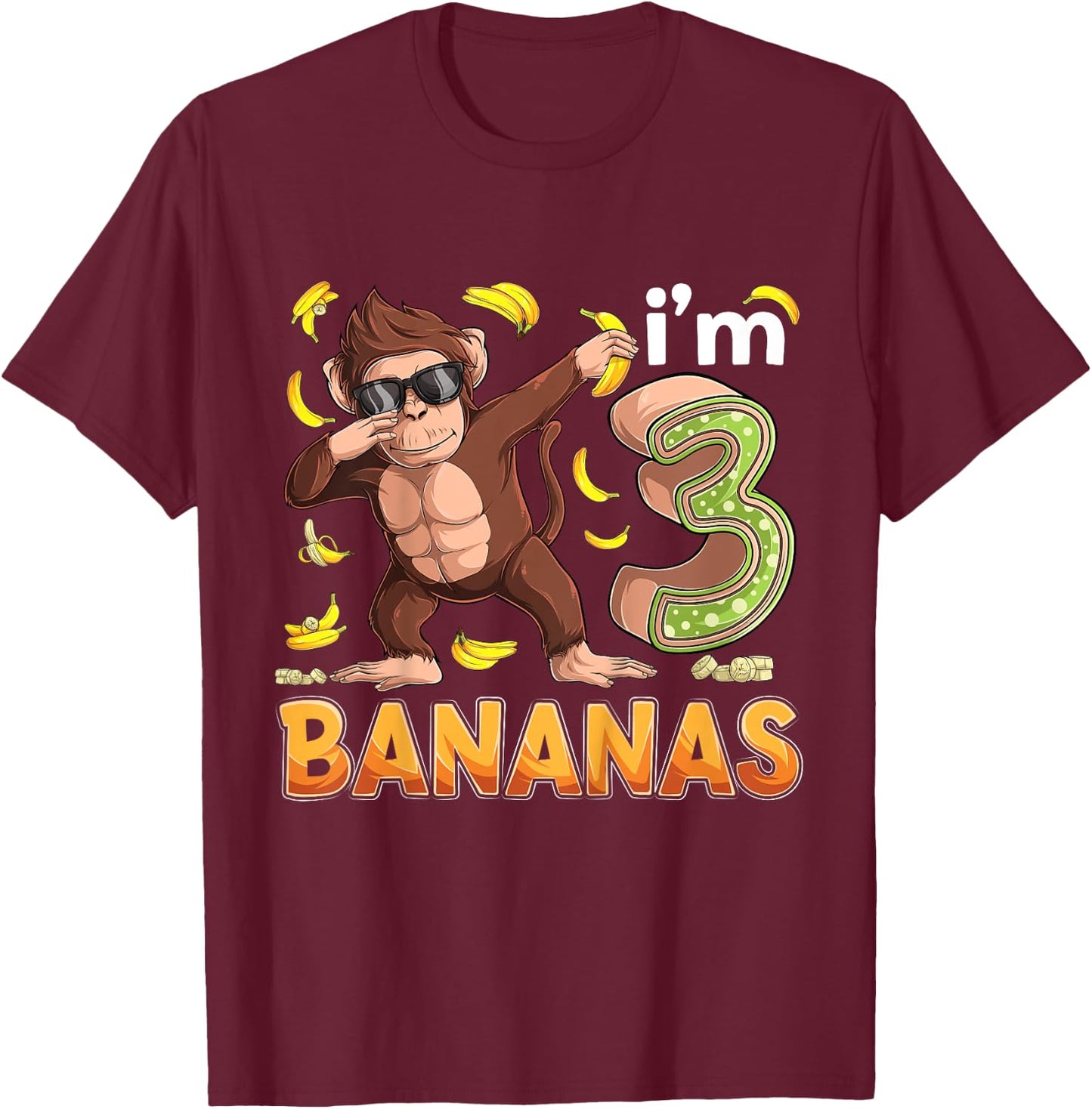 3 Year Old Monkey Birthday Safari Jungle Animal 3rd B-day T-Shirt - T-Shirt | Maroon
