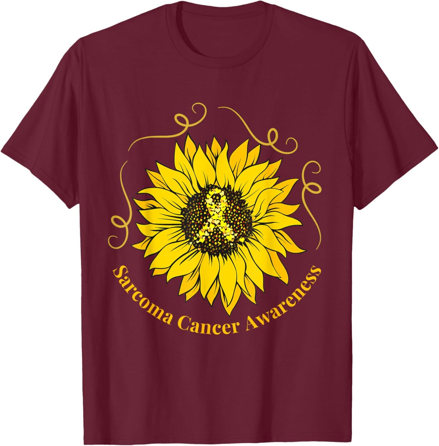 Sarcoma Cancer Awareness Sunflower Yellow Ribbon Support T-Shirt - T-Shirt | Maroon